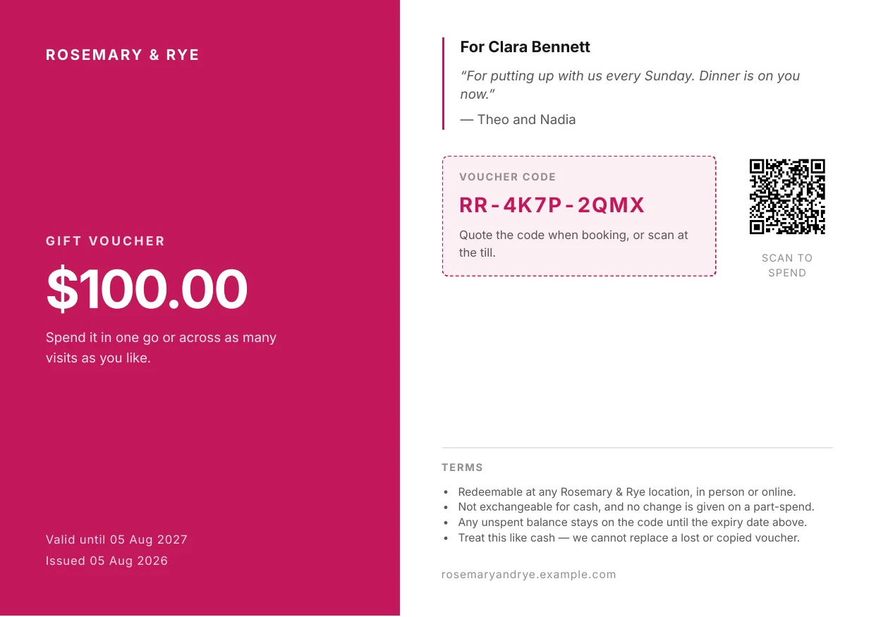 An A5 landscape gift voucher PDF rendered by PixlDocs, showing the value, code and terms