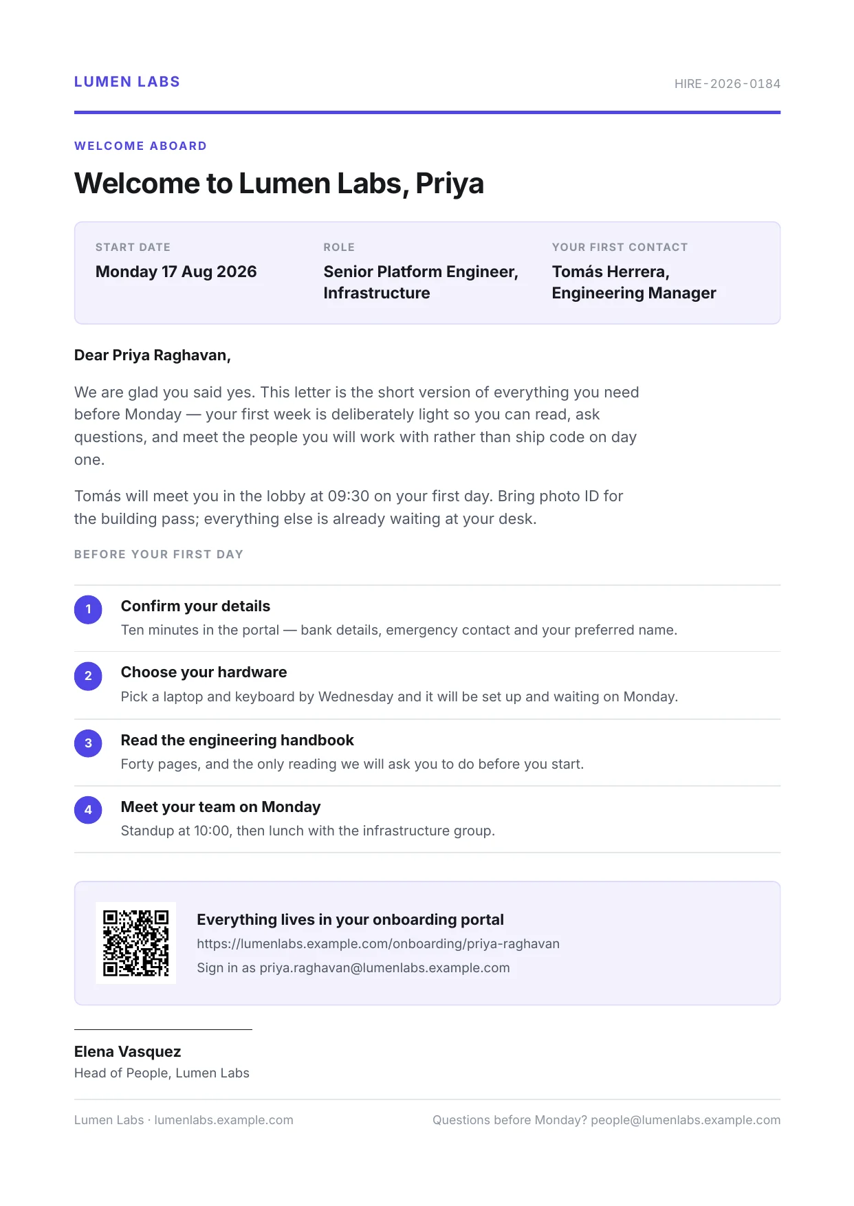 A branded welcome letter PDF rendered by PixlDocs, with key dates and an onboarding checklist