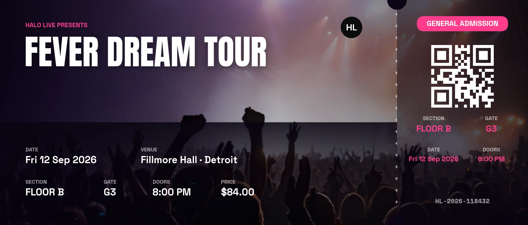 Event ticket rendered by the PixlDocs API