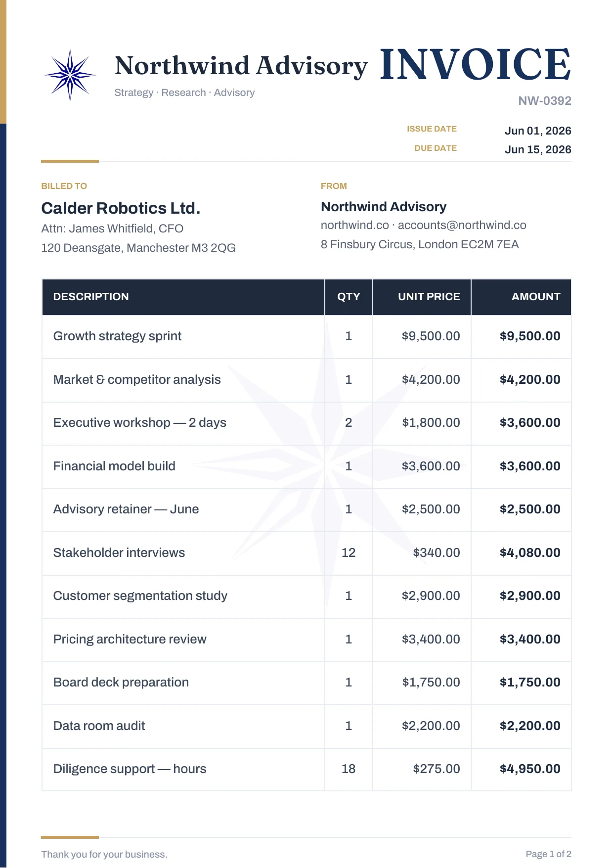 Multi-page invoice, page 1 rendered by the PixlDocs API