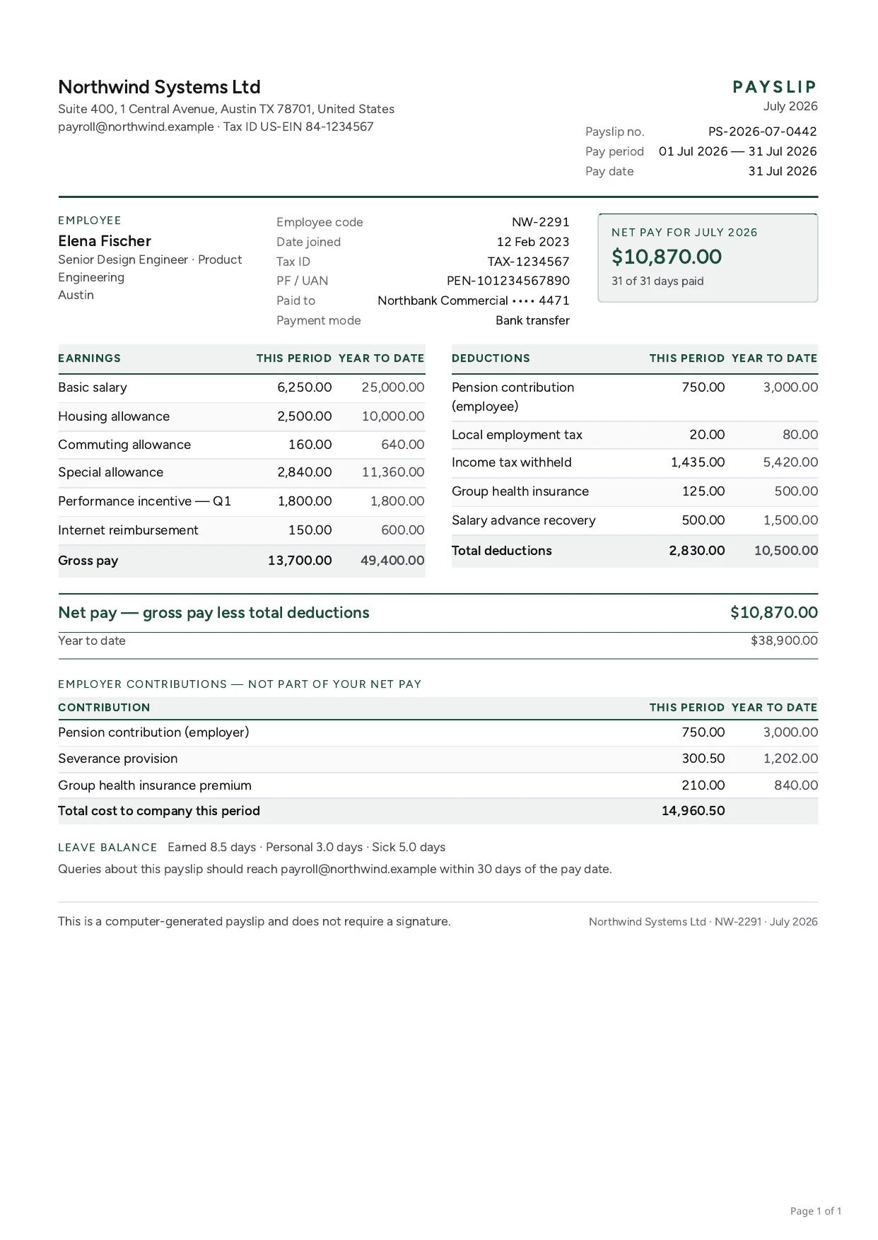 Rendered monthly payslip with earnings and deductions tables and a net pay total